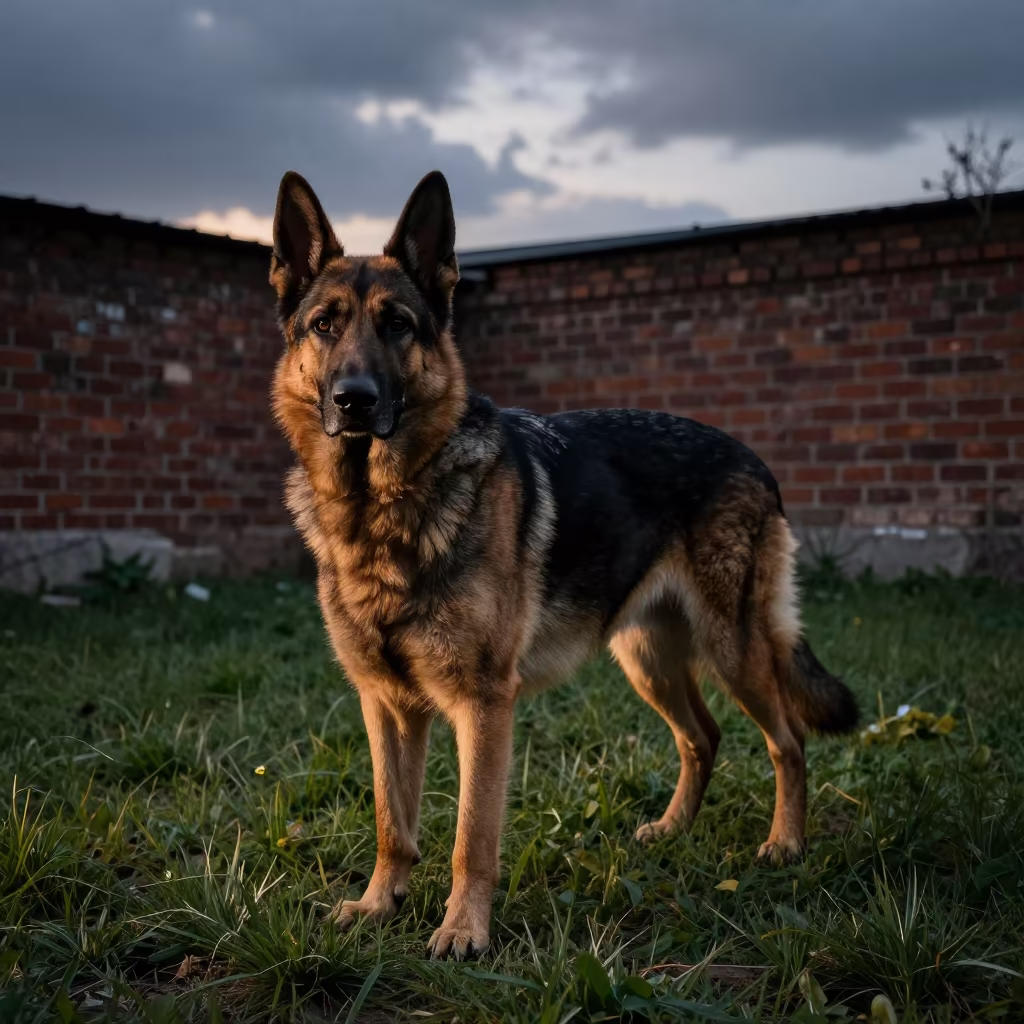 Dutch Shepherd in Daşoguz Yard at Dusk in in a small yard with clipped grass, calm light, and the animal centered in frame in Daşoguz