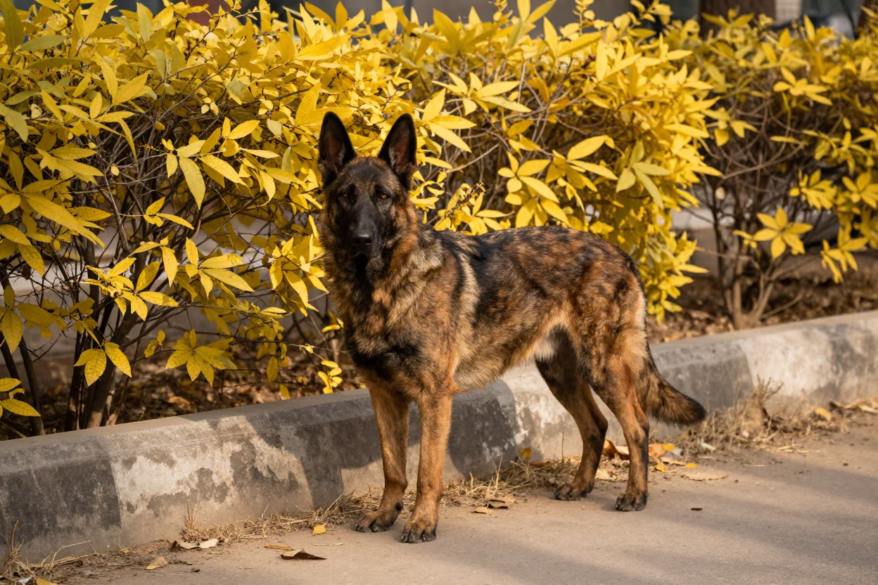 Dutch Shepherd in Lahore Park Late Autumn in along a quiet park path with soft open shade and a clean background in Lahore