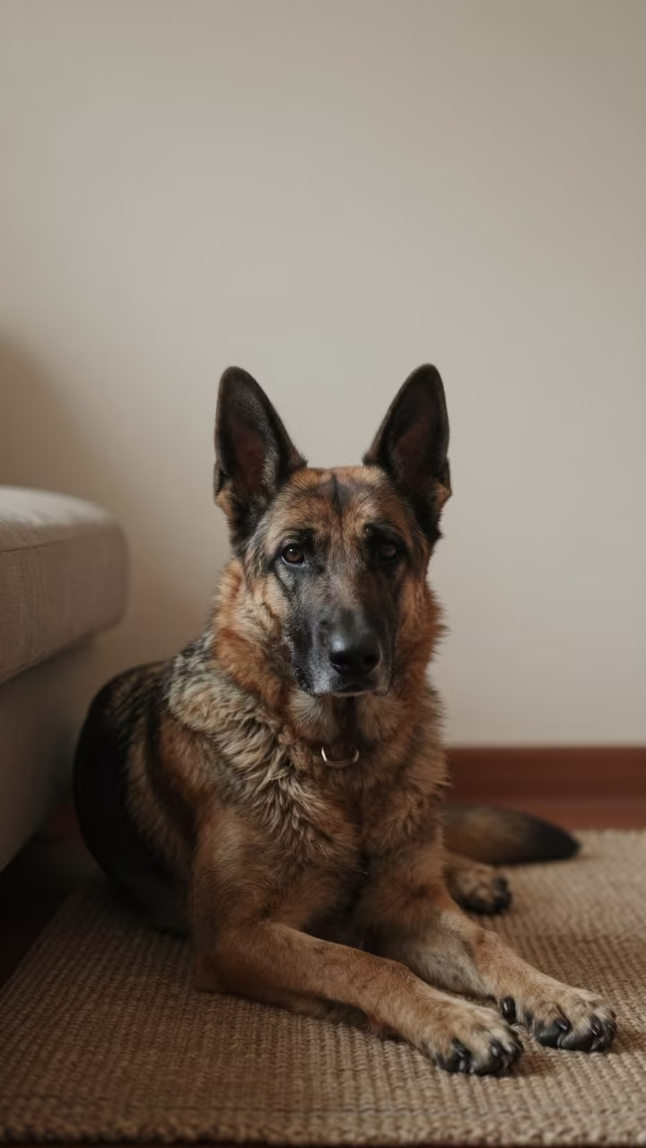 Dutch Shepherd on Woven Rug in Ouahigouya Home in on a woven rug beside a low couch and an uncluttered wall in Ouahigouya