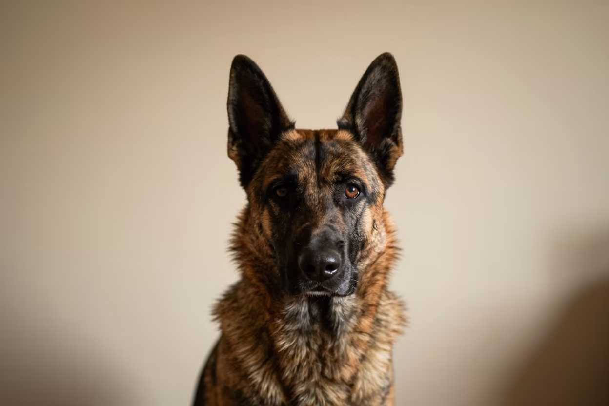 Dutch Shepherd Portrait Against Plaster Wall in beside a plain plaster wall in soft indoor light with the animal centered in frame near Peshawar