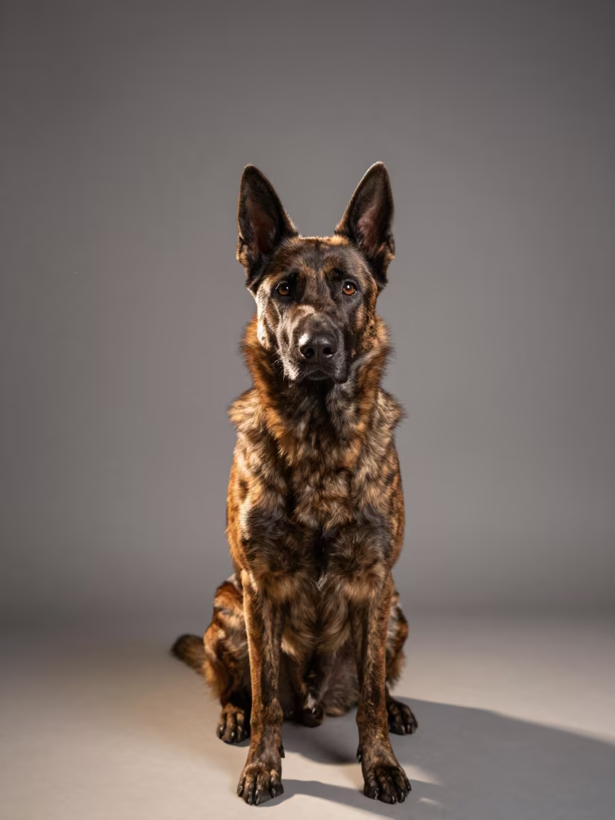 Dutch Shepherd Portrait in Faiyum Studio Light in in a quiet portrait studio with a plain backdrop and eye-level framing in Faiyum