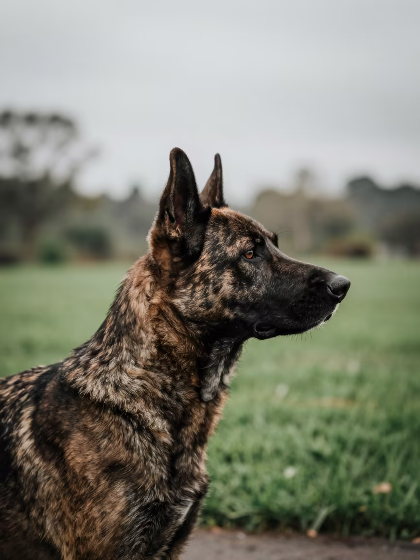 Dutch Shepherd Portrait in Kabwe Garden Light in near a garden edge with soft morning light and an uncluttered background in Kabwe