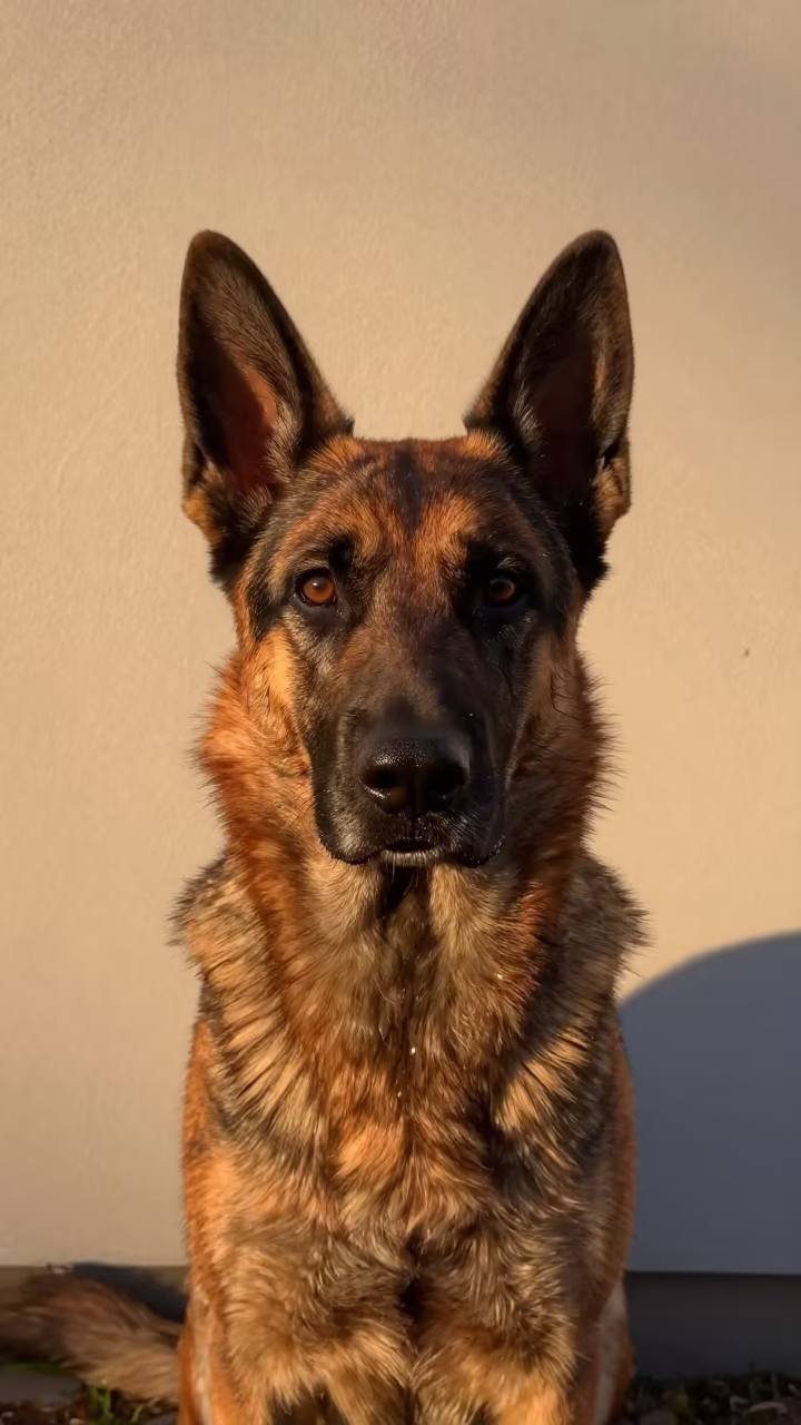 Dutch Shepherd Portrait in Macau Indoor Light in beside a plain plaster wall in soft indoor light with the animal centered in frame in Macau