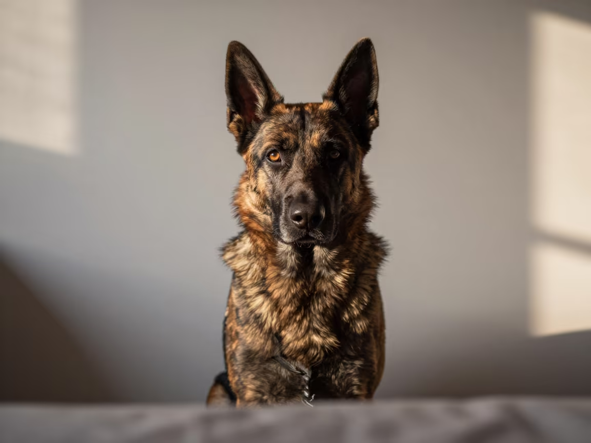 Dutch Shepherd Portrait In São Paulo Sunset in beside a plain plaster wall in soft indoor light with the animal centered in frame in São Paulo