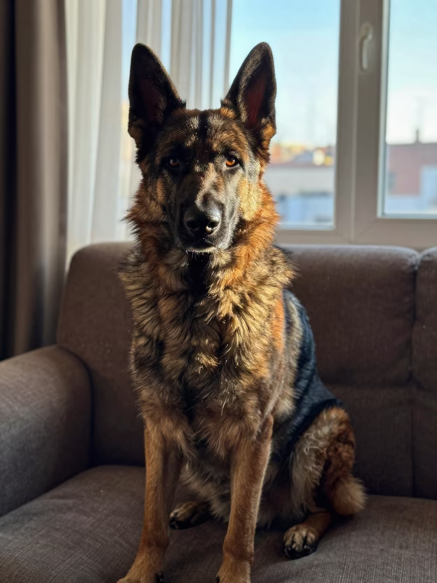 Dutch Shepherd Portrait Near Window at Dawn in on a sofa near a curtained window with calm indoor light in Zarqa