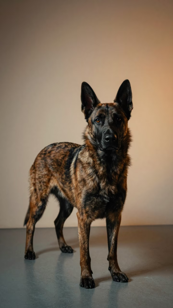 Dutch Shepherd Portrait with Warm Studio Light in in a quiet portrait studio with a plain backdrop and eye-level framing in Sinfra