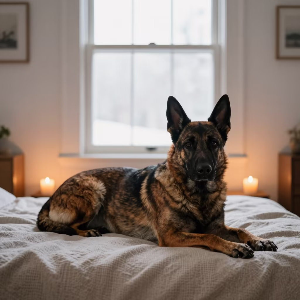 Dutch Shepherd Resting on Bedspread in Evening Light in on a bedspread near a bright window with calm indoor light in Birmingham