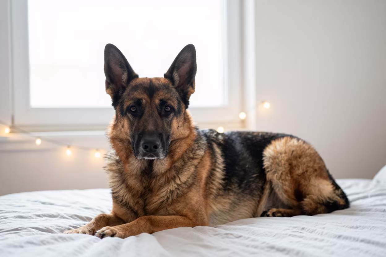 Dutch Shepherd Resting on Bedspread Near Window in on a bedspread near a bright window with calm indoor light in Casablanca