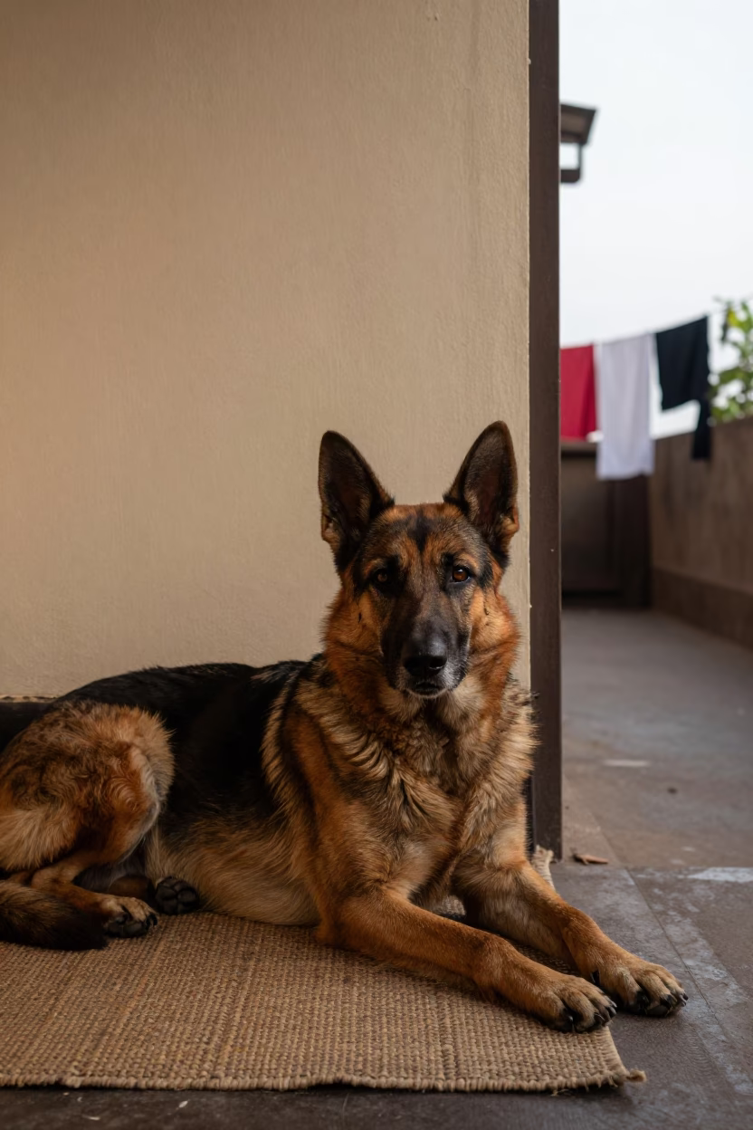 Dutch Shepherd Resting on Rug Near Mumbai Couch in on a woven rug beside a low couch and an uncluttered wall near Worli, Mumbai