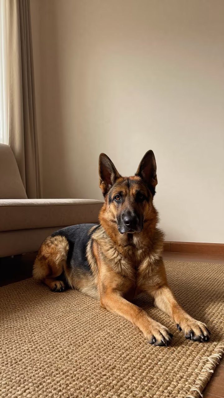 Dutch Shepherd Resting on Woven Rug in Cap-Haïtien in on a woven rug beside a low couch and an uncluttered wall in Cap-Haïtien