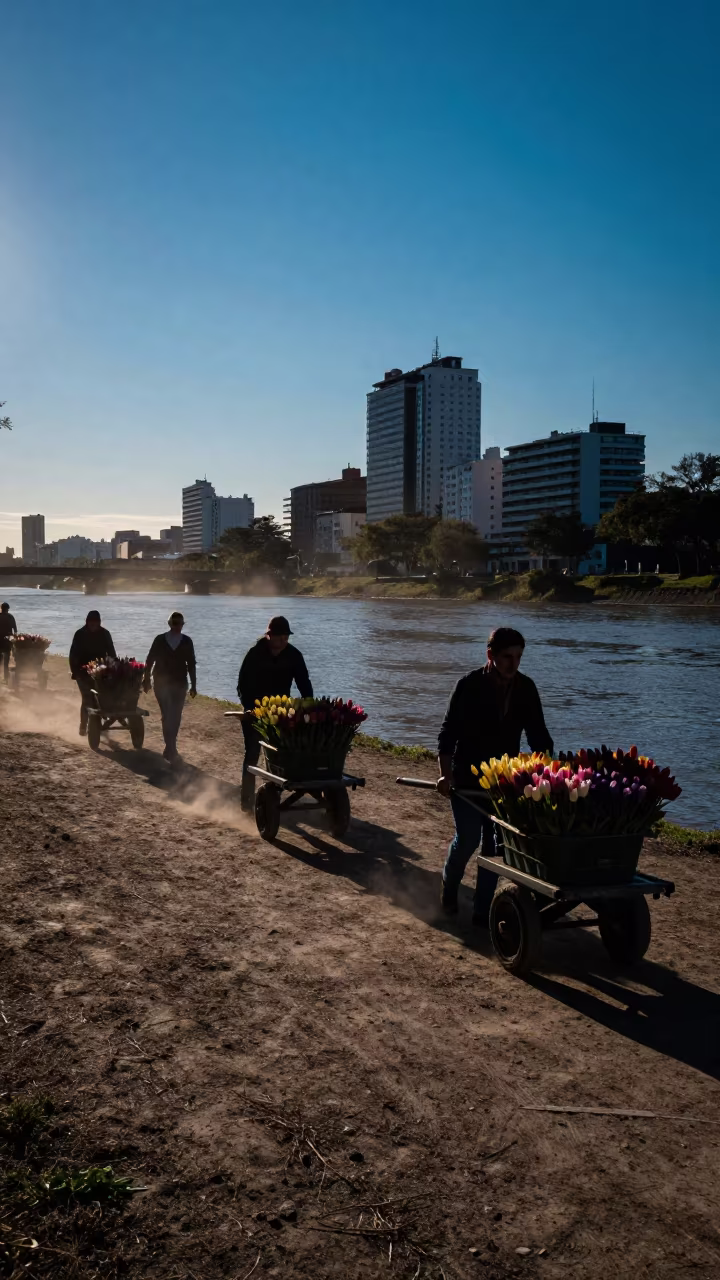 Dutch Tulip Auction Carts Blue Hour Silhouette in by a riverbank near Palermo Soho, Buenos Aires