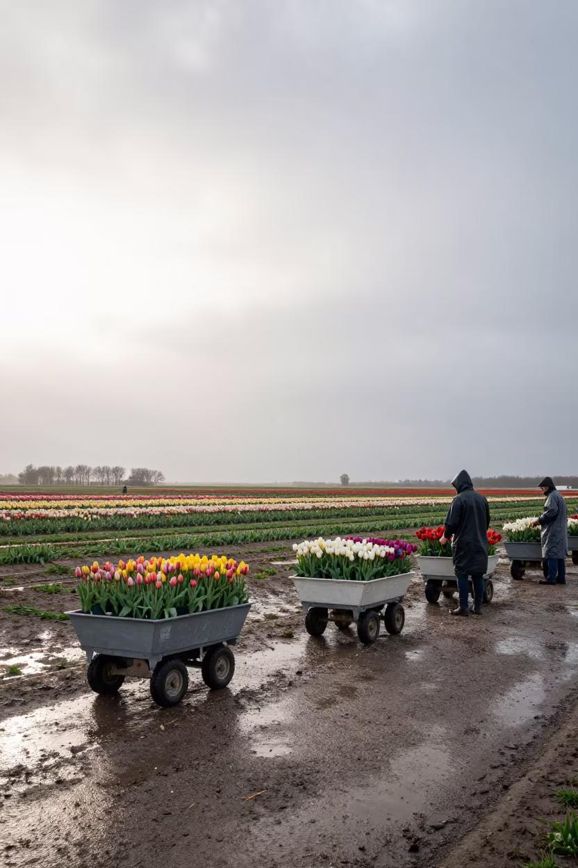 Dutch Tulip Auction Carts Near Campeche Fields in near open fields near Campeche