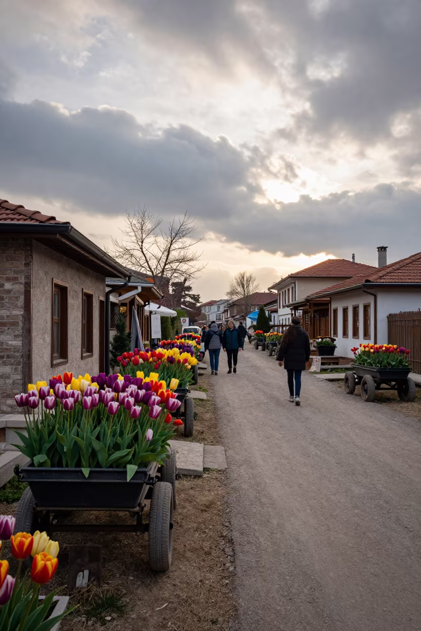 Dutch Tulip Carts at Dawn Near Istanbul in in a village lane near Istanbul