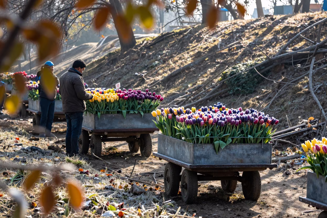 Dutch Tulip Carts on Frosty Hillside Near Meerut in on a hillside near Meerut