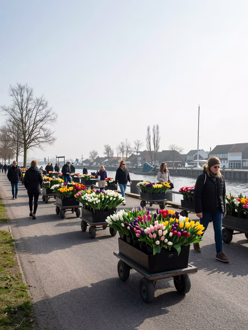 Dutch Tulip Carts at Luena Harbor Quay in at a harbor quay near Luena