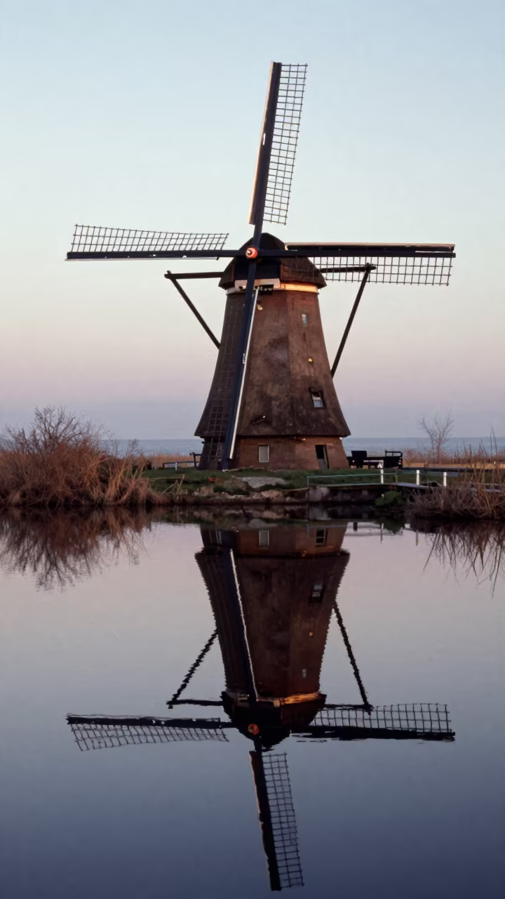 Dutch Windmill Reflected in Catalan Canal Dawn in in Catalonia