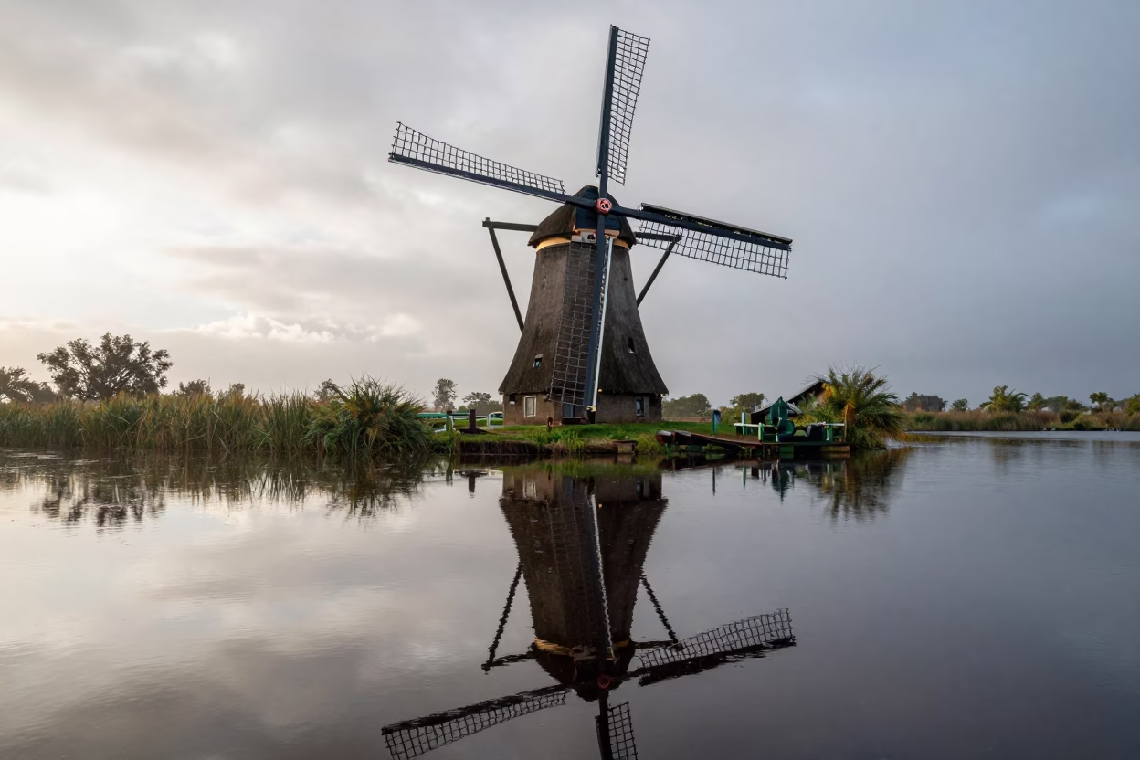 Dutch Windmill Reflected in Fiji Canal Morning in in Fiji