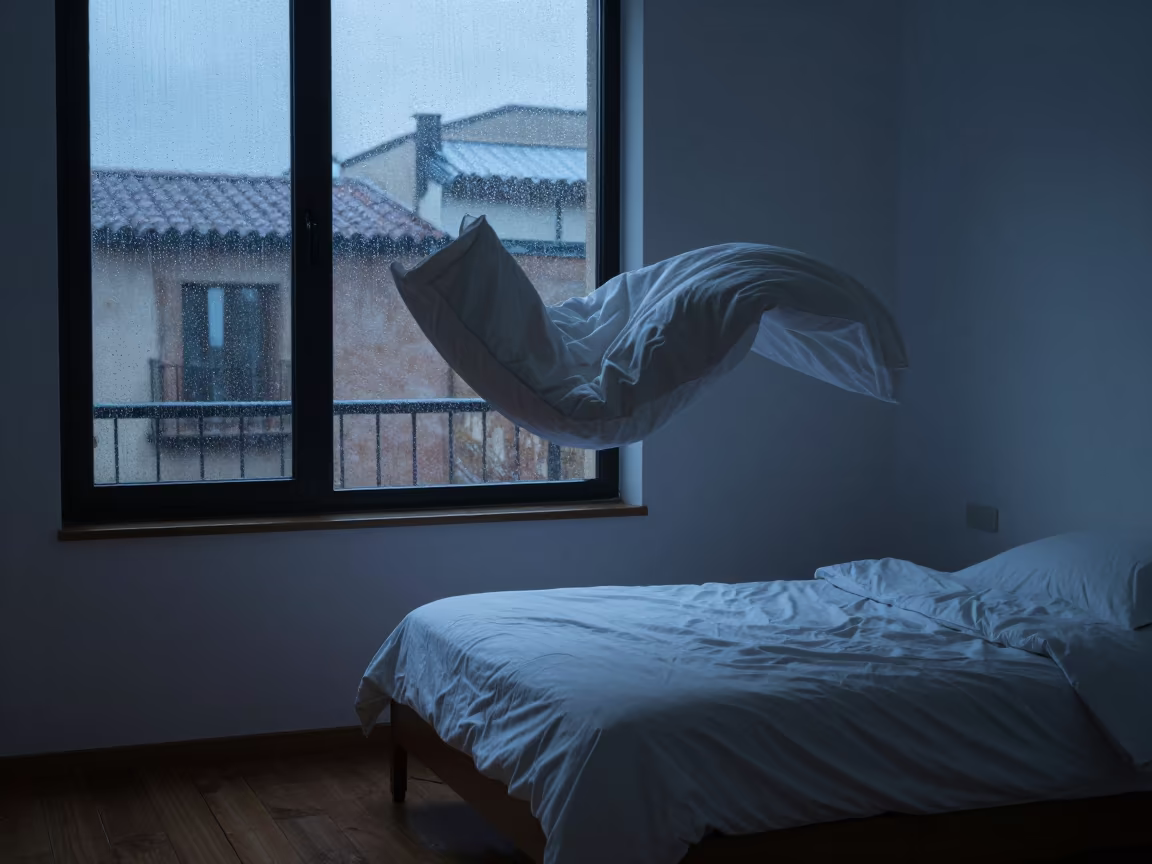 Duvet Billowing Over Bed in Madrid Window Light in beside a rain-streaked window in Madrid