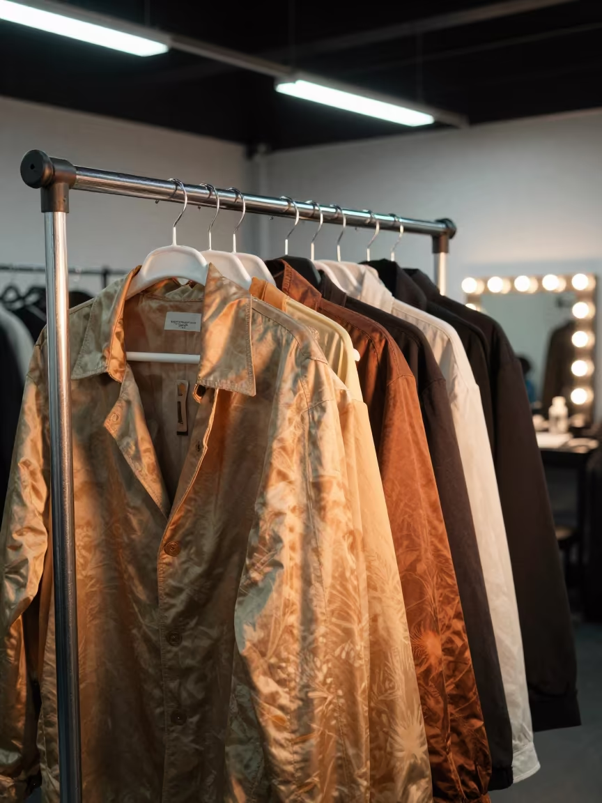 Dyed Nylon Jackets on Rack in New York Warehouse in beside a mirror lined with makeup bulbs in New York