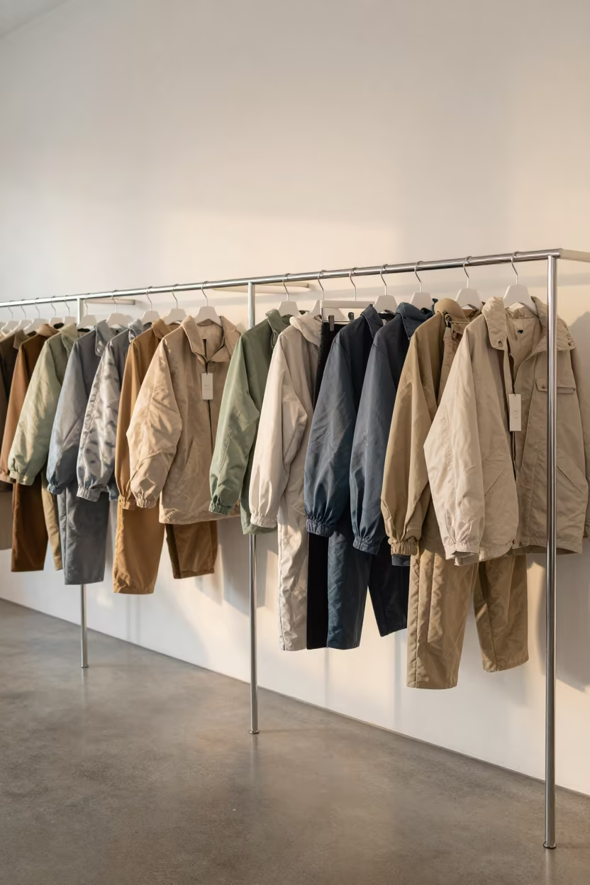 Dyed Nylon Outerwear on Rack in Tauranga Showroom in inside a minimalist showroom in Tauranga