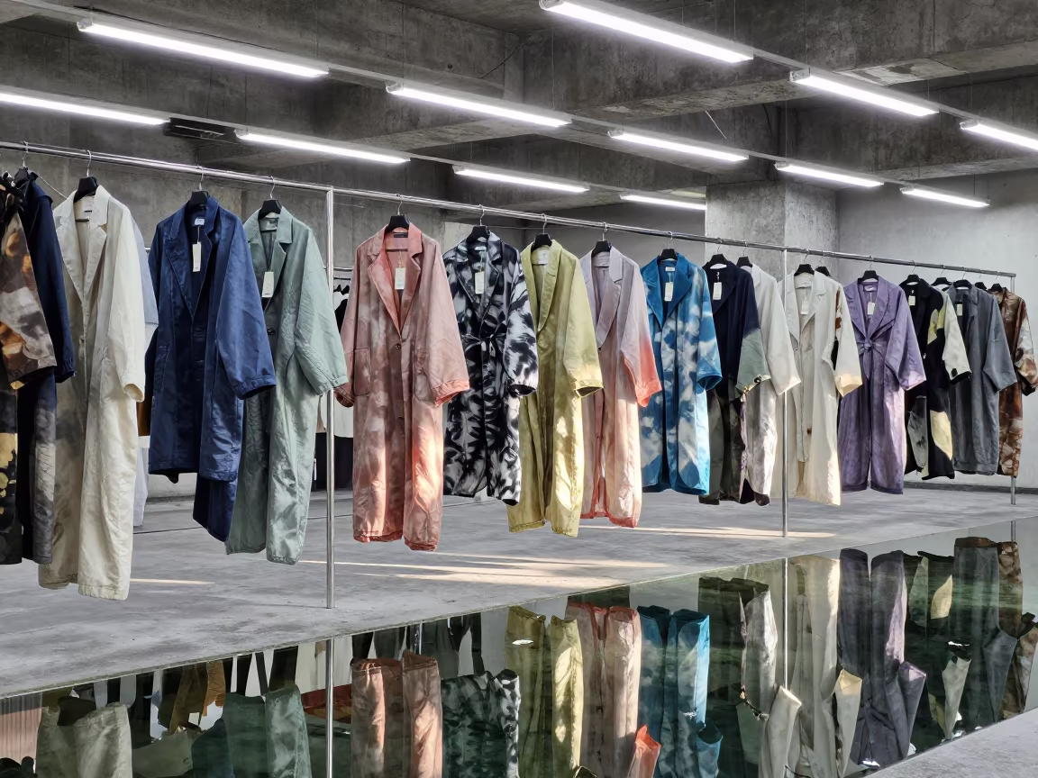Dyed Nylon Outerwear Reflects on Water Floor in inside a couture atelier in Manila