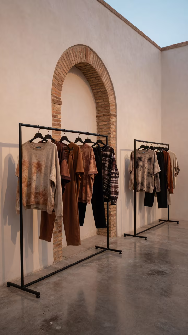 Dyed Streetwear on Rack in Ouarzazate Showroom in inside a minimalist showroom near Ouarzazate