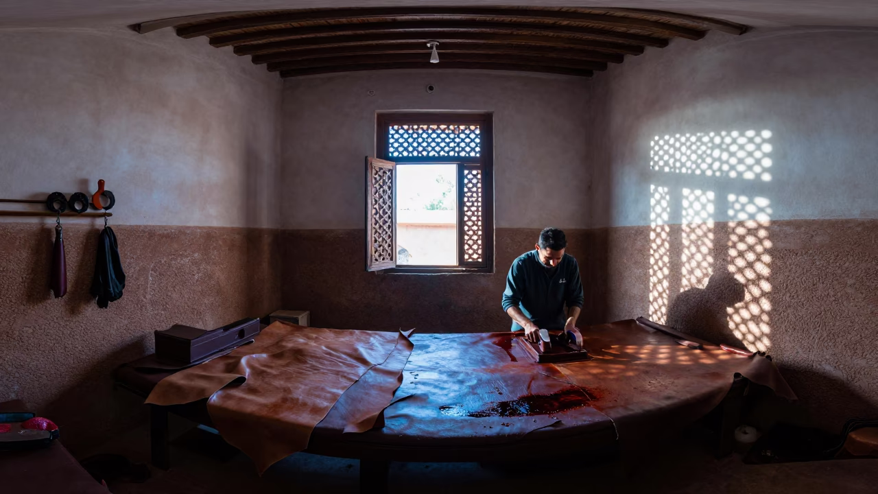 Dyeing Leather in Fez in in Fez, Morocco