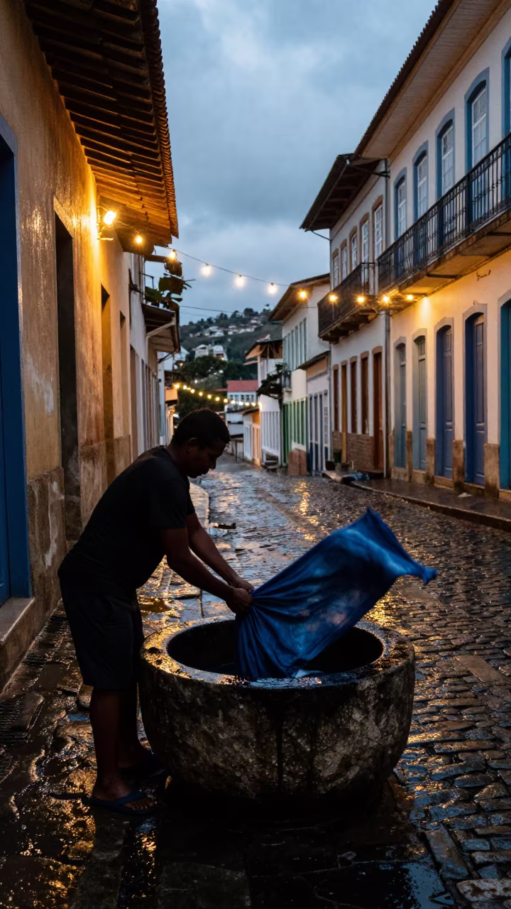 Dyer Pulls Indigo Cloth from Vat at Twilight in in the old quarter in Belo Horizonte