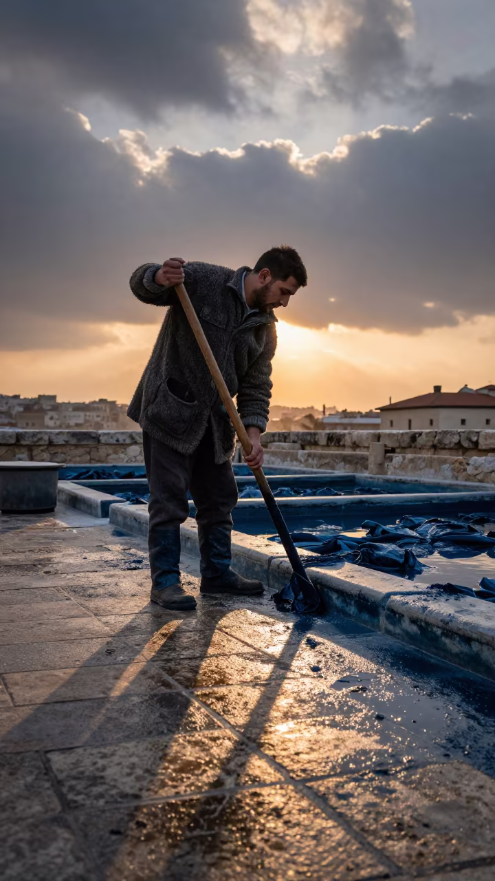 Dyer Stirring Indigo Vat at Sunset in near Damascus