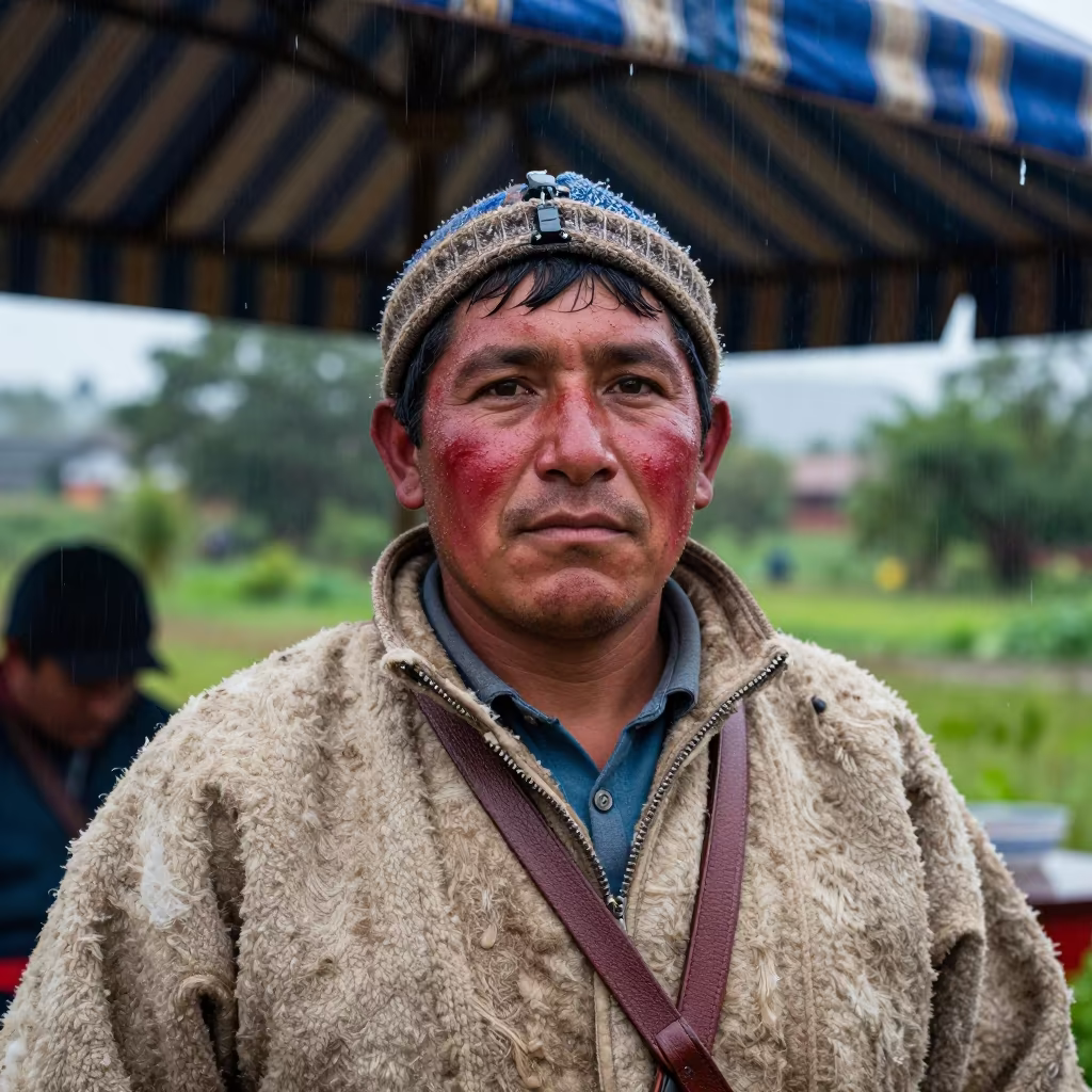 Eagle Hunter Face Under Market Awning in under a striped market awning near Guayaquil