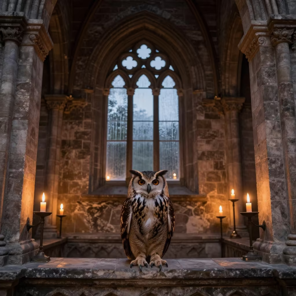 Eagle Owl Perched in Candlelit Taiyuan Ruin in inside a candlelit nave in Taiyuan