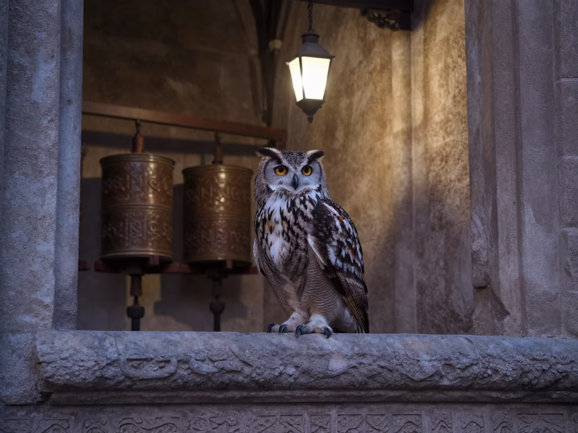 Eagle Owl Perched in Cathedral Ruins Dusk in beside a prayer wheel corridor in Lastarria, Santiago
