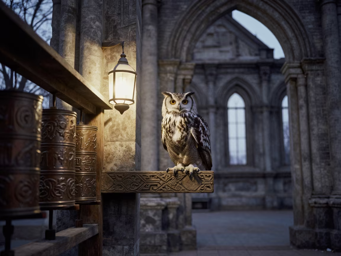 Eagle Owl Perched in Hohhot Cathedral Ruin Twilight in beside a prayer wheel corridor in Hohhot