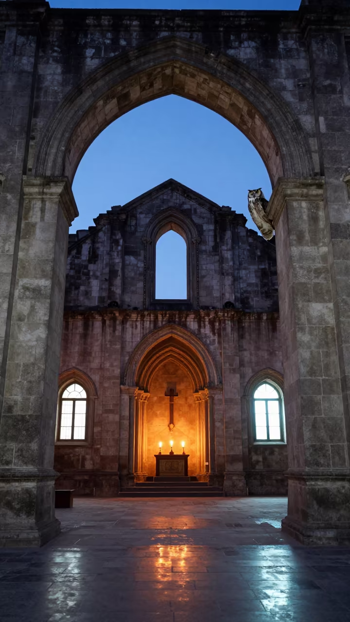 Eagle Owl Perched in Vadodara Cathedral Ruins in inside a candlelit nave in Vadodara