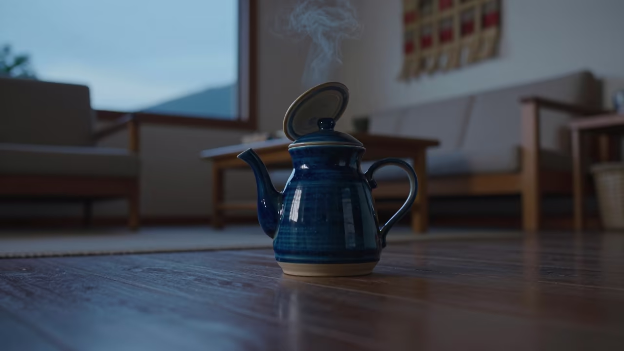 Earl Grey Teapot Lid Lifts in Twilight in in a sunlit living room in Santiago de Veraguas