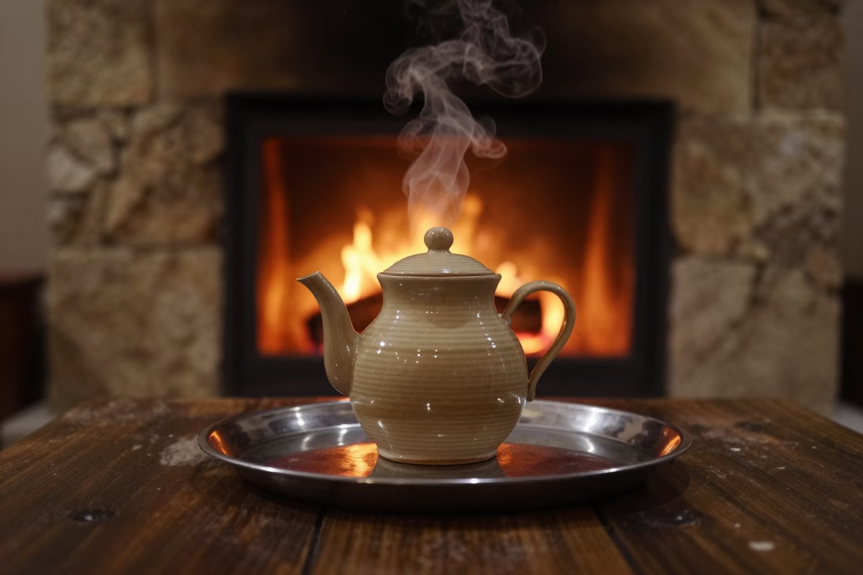 Earl Grey Teapot Lid Lifting Steam Firelight Gharyan in by a crackling fireplace in Gharyan