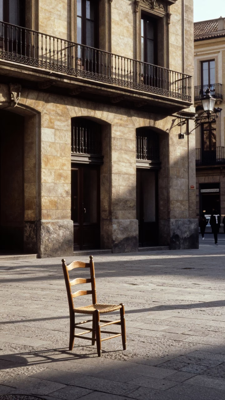Early Afternoon Barcelona Street Scene with Spindle Chair and Measuring Tape in Historic Plaza in in Barcelona, Spain