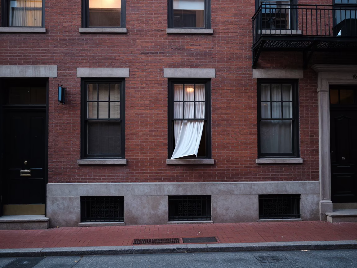 Early Afternoon Boston Street Scene with Curtain Lifting in Open Window in in Boston, Massachusetts, United States