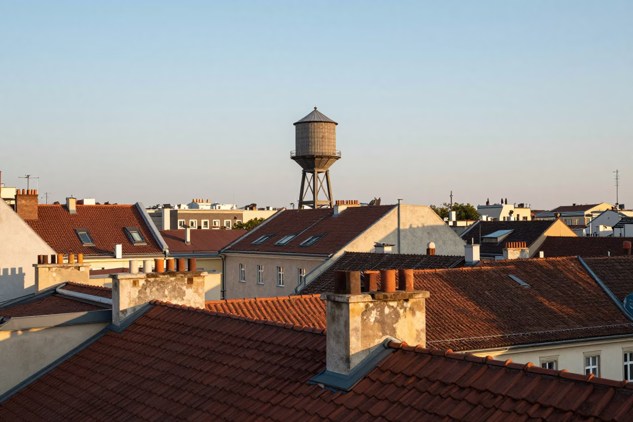 Early Afternoon Budapest Rooftop Skyline View with Water Tower and Historic Architecture in in Budapest, Hungary