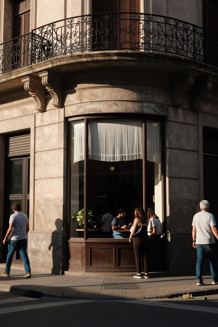 Early Afternoon Buenos Aires Street Scene with Linen Fringe Window Detail in in Buenos Aires, Argentina