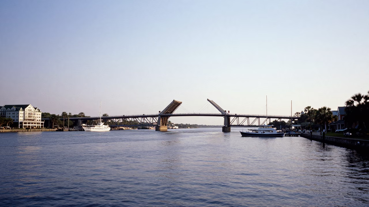 Early Afternoon Charleston South Carolina Harbor Scene with Drawbridge and Historic Architecture in in Charleston, South Carolina, United States