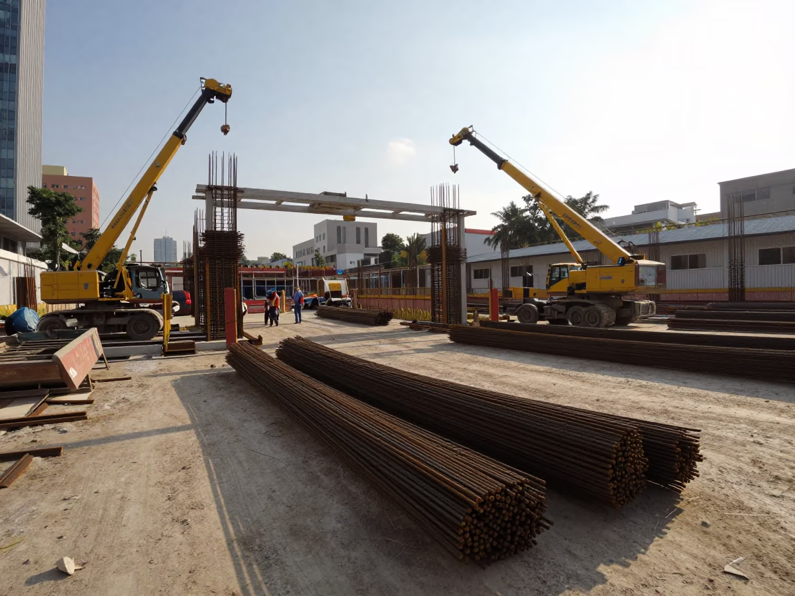 Early Afternoon Construction Site with Rebar Bundles in Ho Chi Minh City Vietnam in in Ho Chi Minh City, Vietnam