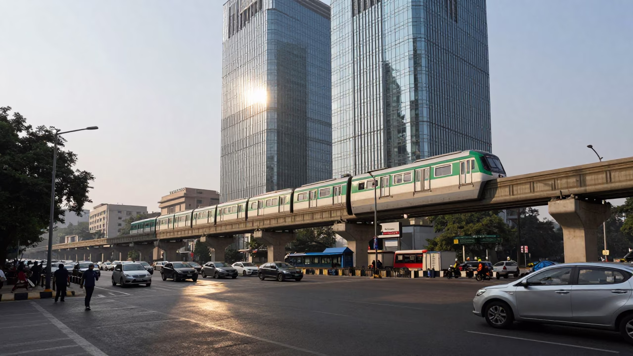 Early Afternoon Delhi Street Scene with Monorail Glass Towers and Palm Trees in in Delhi, India