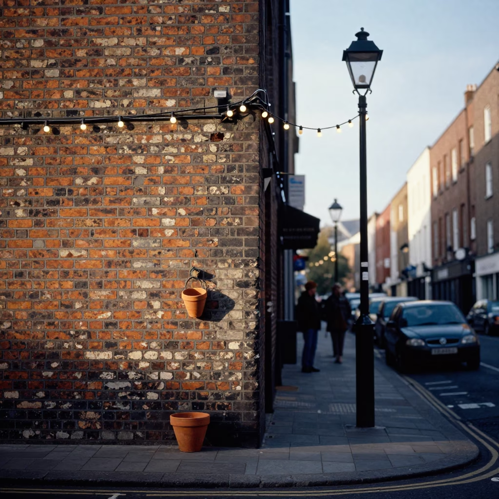 Early Afternoon Dublin Street Scene with String Lights and Shelf Bracket in in Dublin, Ireland