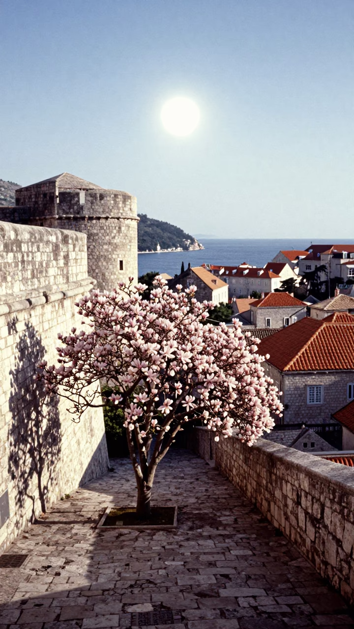 Early Afternoon Dubrovnik Croatia Landscape with Magnolia Tree and Stone Walls in in Dubrovnik, Croatia