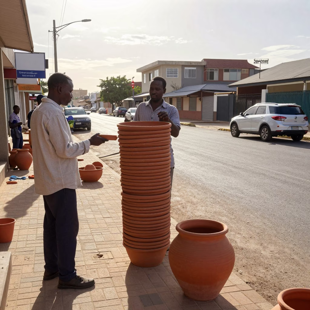 Early Afternoon Durban Street Scene with Terracotta Pot and Local Interaction in in Durban, South Africa