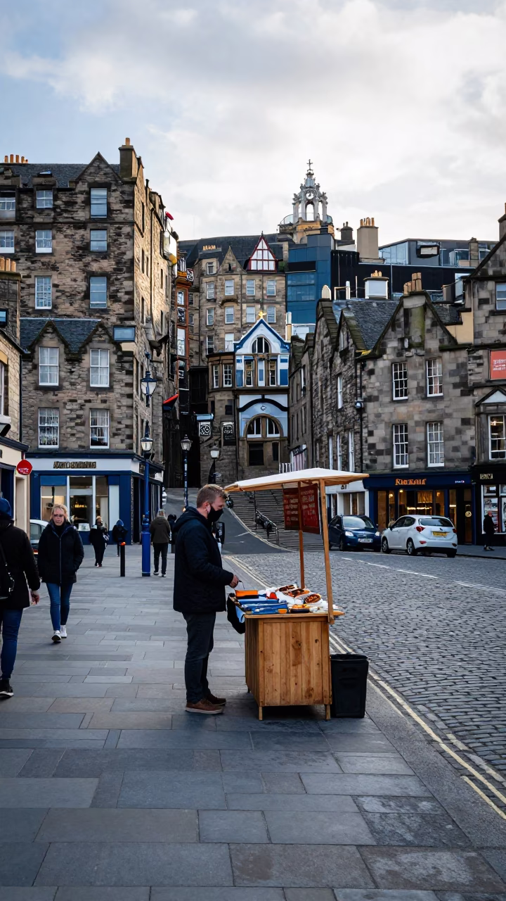 Early Afternoon Edinburgh Street Scene with Blue and White Porcelain Jar and Woven Baskets in in Edinburgh, United Kingdom