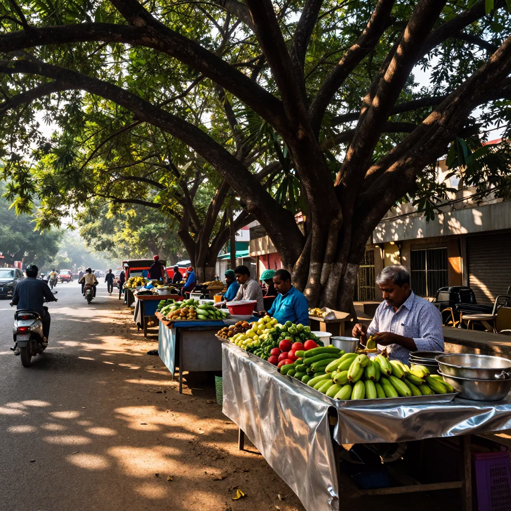 Early Afternoon Hyderabad Street Scene with Glossy Enamel and Local Market Activity in in Hyderabad, India