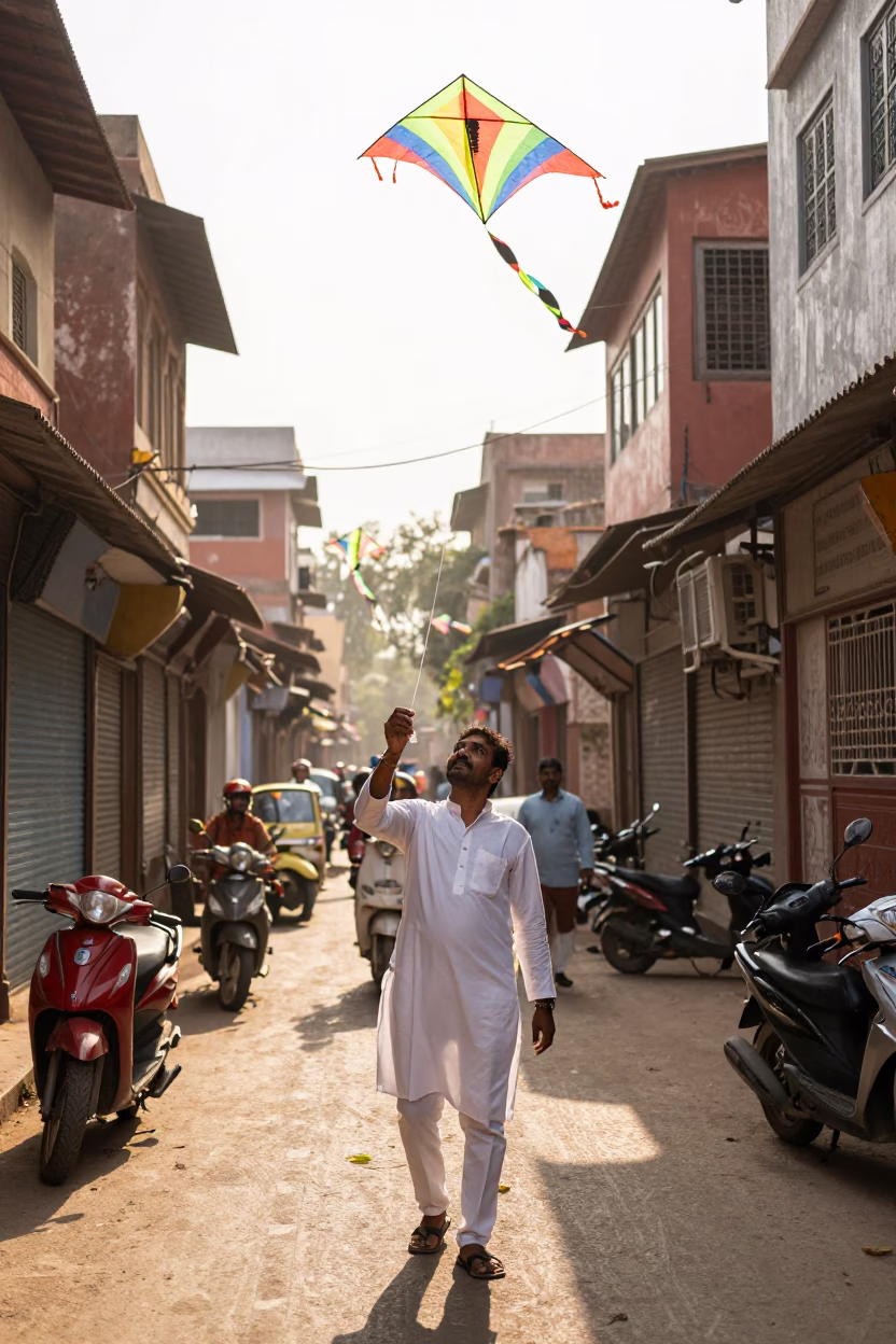 Early Afternoon Hyderabad Street Scene with Kites and Traditional Architecture in in Hyderabad, India