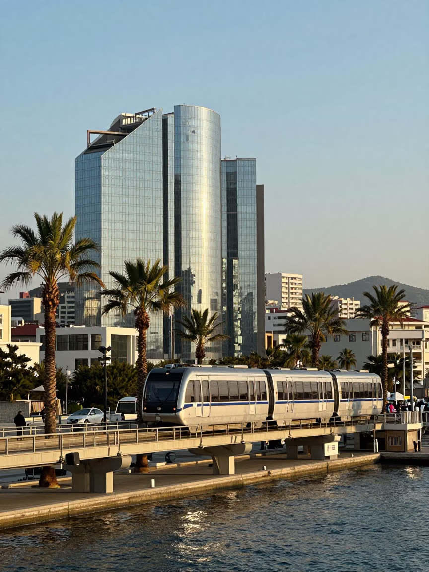 Early Afternoon Izmir Turkey Monorail Passing Glass Towers and Palm Trees in in Izmir, Turkey